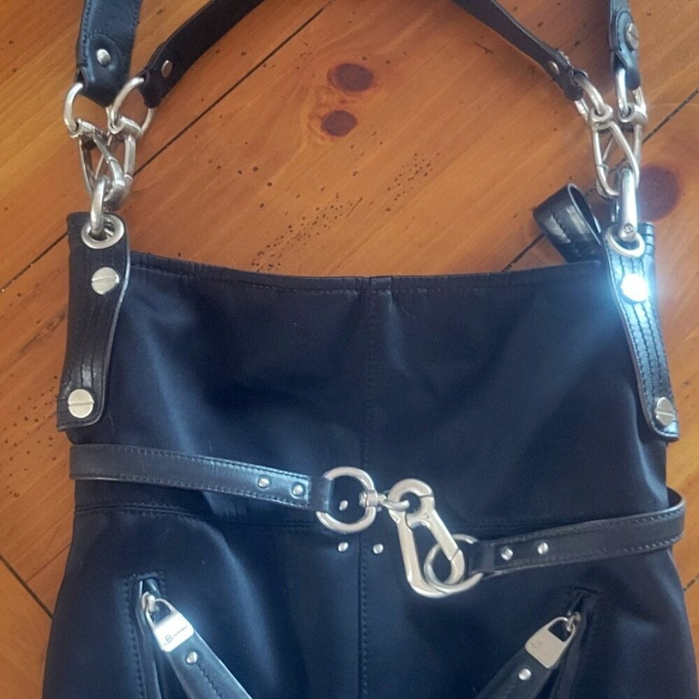 B-Makowski Black Buckled Shoulder Bag - Mixed Leather/Fabric - Picture 4 of 16